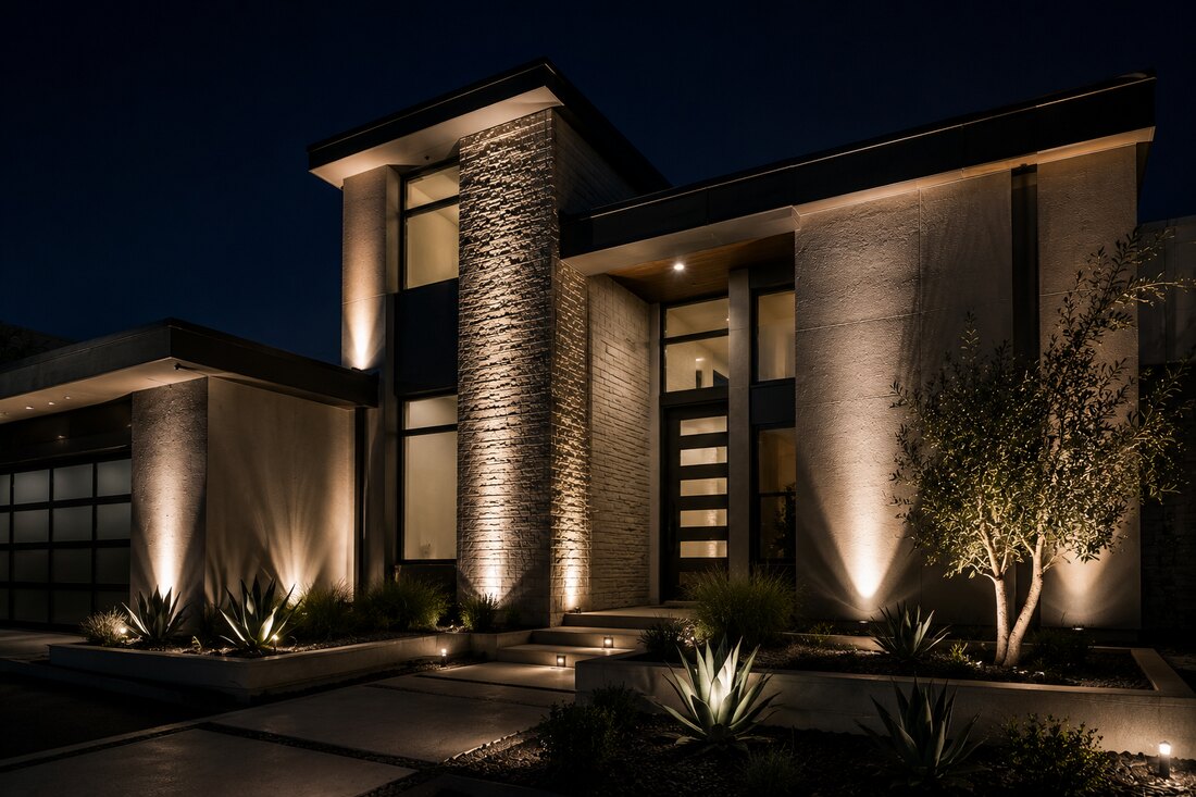 Modern home facade with dramatic architectural uplighting at night