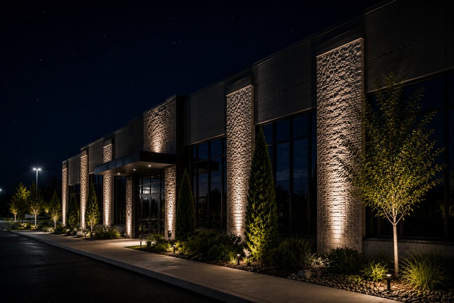 Commercial building with stone columns lit by exterior accent lighting at night