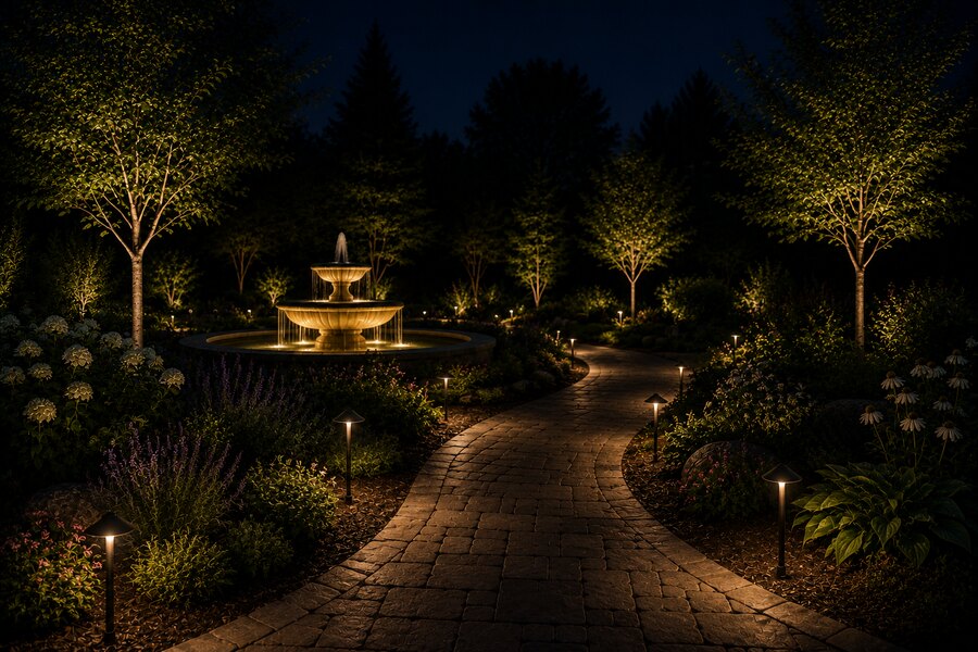 Illuminated stone garden path with lit fountain and pathway lights at night