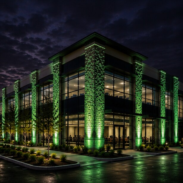 Custom commercial landscape lighting with green architectural accents